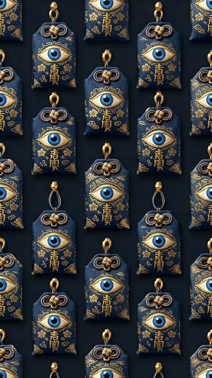 A mesmerizing pattern of evil eye amulets rendered in deep blues and shimmering gold, radiating a sense of ancient protection and mystical energy.