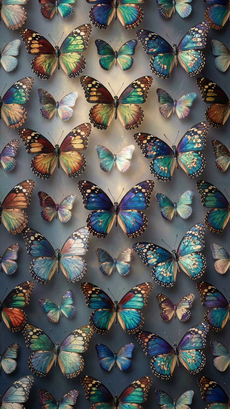 A dreamy repeating pattern featuring butterflies with intricate wings adorned in rich jewel tones, evoking a magical and enchanting atmosphere.