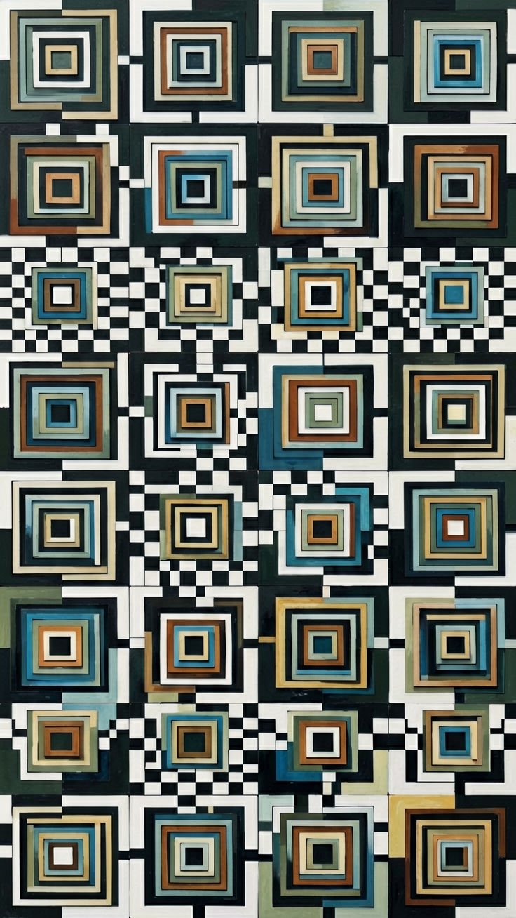 A mesmerizing pattern of concentric geometric squares forming a minimalist checker grid. The precise layering creates a hypnotic, orderly mood with clean modern aesthetics.