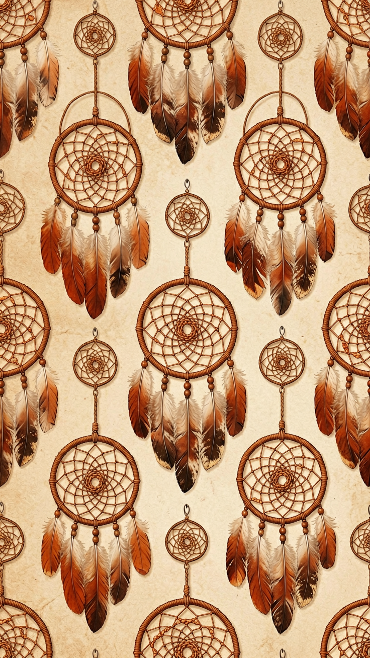 A mesmerizing bohemian pattern featuring intricate dreamcatchers adorned with flowing feathers in warm earthy tones. The design evokes a dreamy, spiritual mood perfect for textiles and decor.