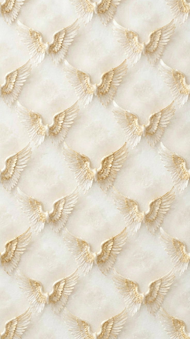 A soft white and gold angel wings pattern with an ethereal, heavenly mood. Delicate feathers blend seamlessly into a luminous design perfect for spiritual and celestial themes.