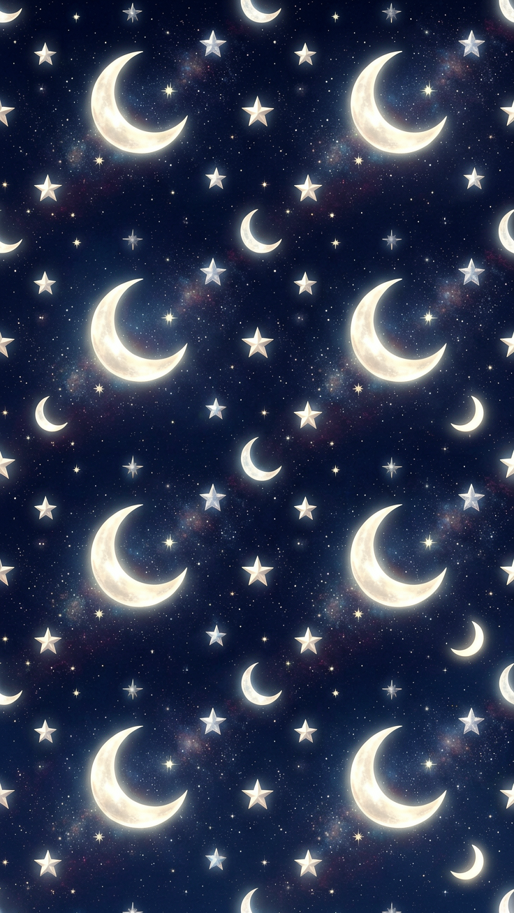 A mesmerizing repeating pattern of stars and crescent moons shimmering across a deep night sky with soft celestial glow.