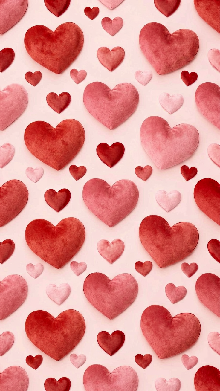 A dreamy seamless pattern of scattered hearts in varying sizes, rendered in soft reds and blush pinks with a gentle romantic mood.