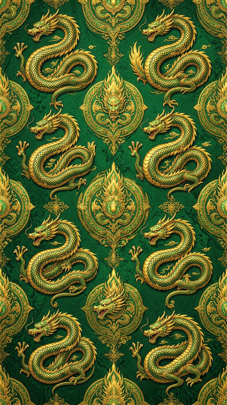 An intricate pattern of elegant serpent curves rendered in luminous emerald and rich gold tones, evoking a mystical and bold atmosphere. The sinuous design flows seamlessly across the canvas, blending ancient symbolism with modern artistry.