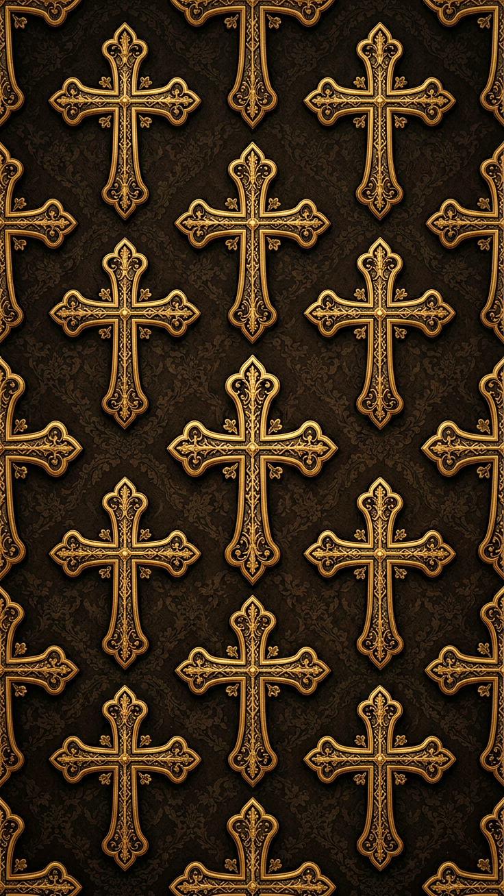 An intricate ornate cross pattern blending gothic elegance with rich dark tones and luminous gold accents, evoking a sense of sacred mystery and timeless grandeur.