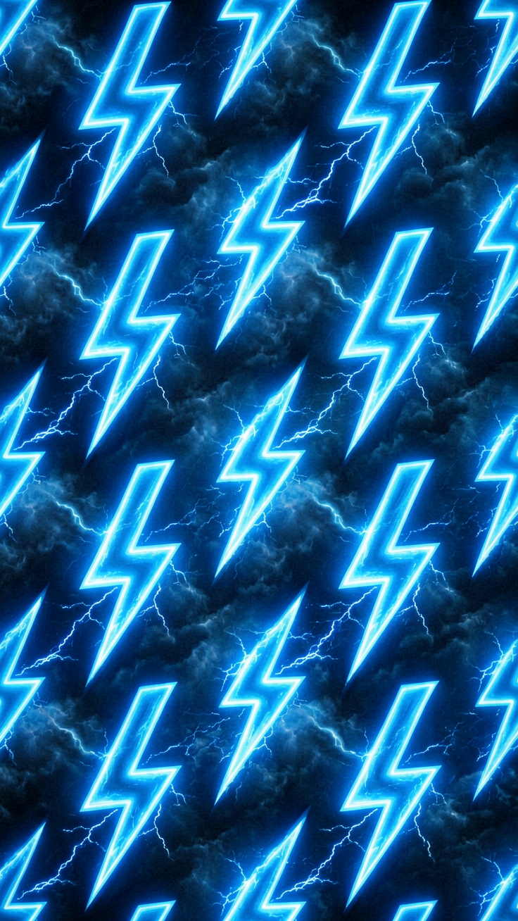 Bold lightning bolts crackle across the canvas with electric blues and neon highlights, capturing raw storm energy. The pattern pulses with vibrant, high-voltage intensity.