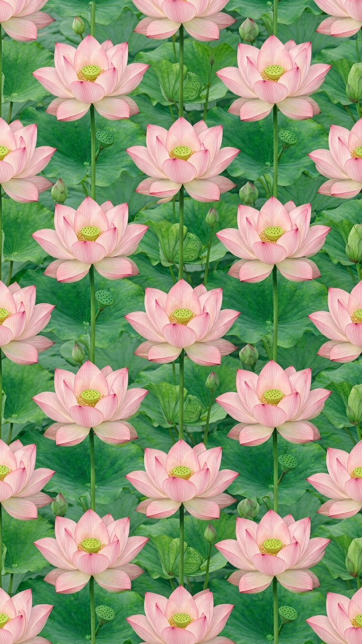 An elegant repeating pattern of soft pink lotus flowers and gentle green leaves, evoking serene oriental beauty.