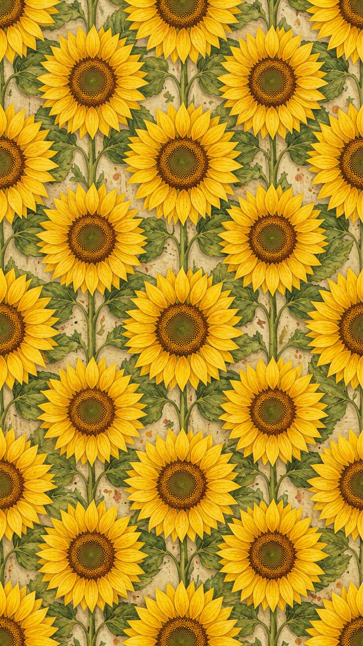 A warm and cheerful sunflower-patterned design featuring rustic yellow and green motifs that evoke a cozy countryside charm.