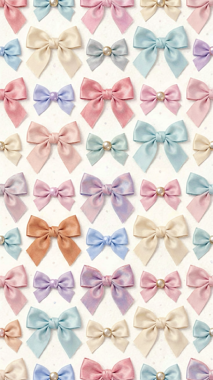 A delightful repeating pattern of ribbon bows and bowknots in soft pastel hues, exuding sweet feminine charm and playful elegance.