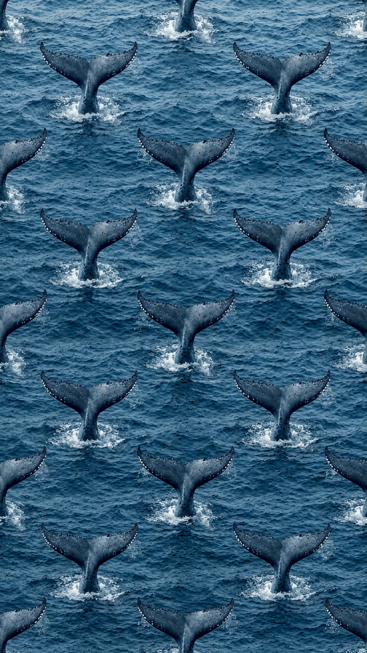 A serene oceanic pattern featuring majestic whale tails rising from deep blue waves, evoking tranquility and the beauty of the open sea.