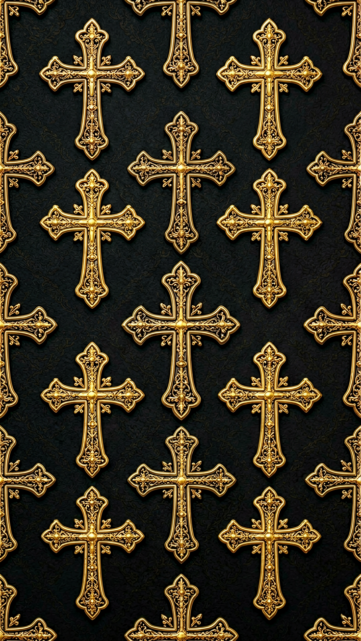 An intricate pattern of ornate gothic crosses rendered in deep dark tones with rich gold accents, evoking medieval elegance and mysterious grandeur.