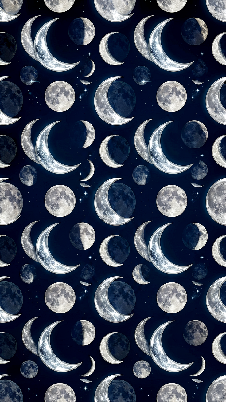 A mesmerizing pattern of moon phases rendered in silver and midnight tones, capturing the ethereal glow of crescent moons against a deep nocturnal backdrop.