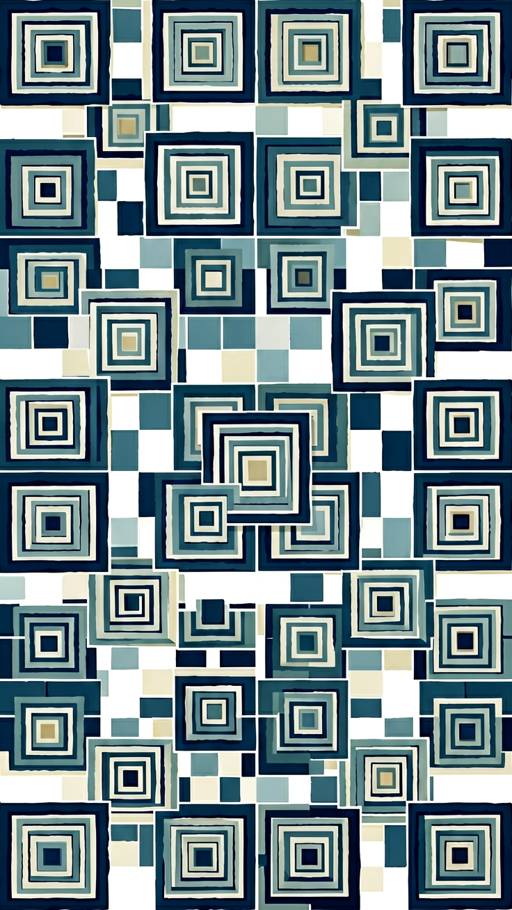 A minimalist pattern of concentric nested squares interwoven with checker grids, creating a hypnotic and orderly visual rhythm.