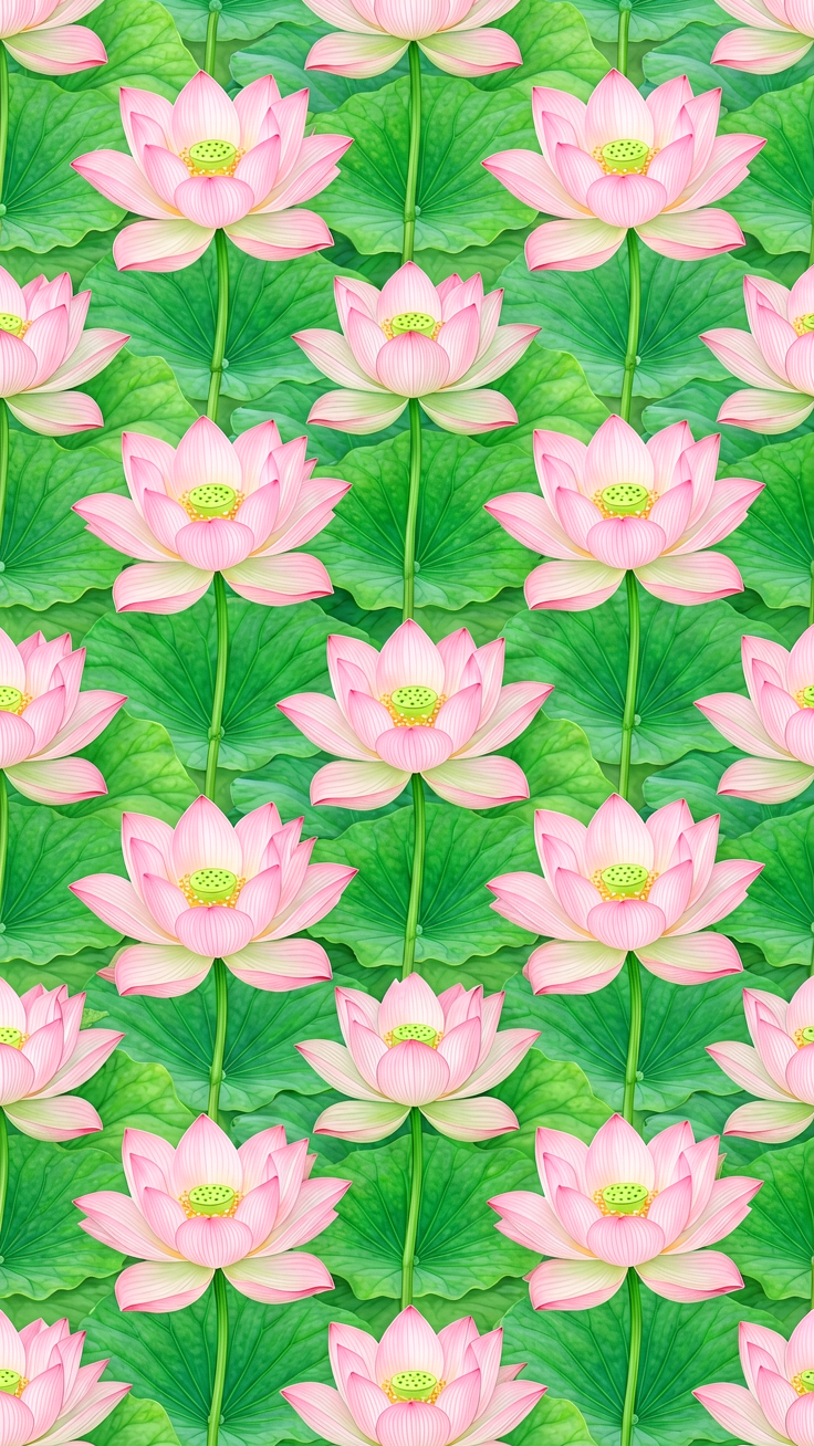 A soft and elegant pattern featuring lotus flowers in gentle pinks and greens, evoking serene oriental beauty and tranquility.