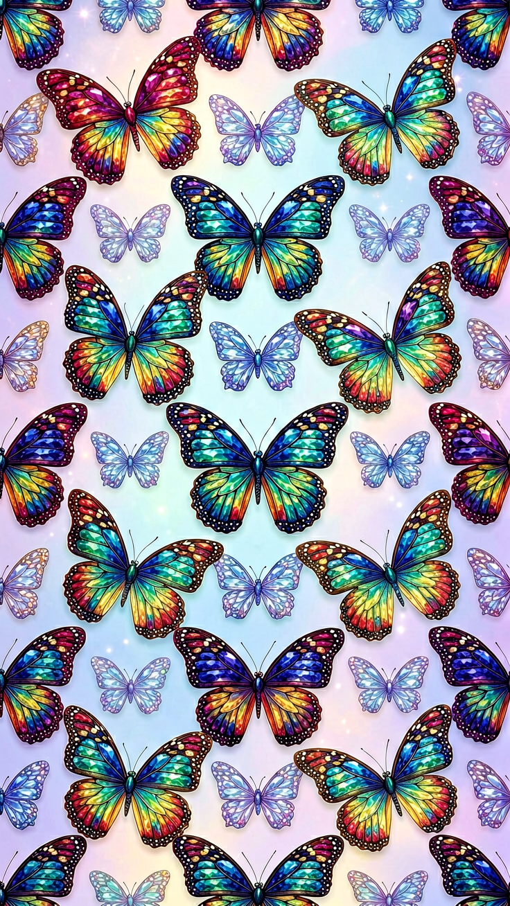 An enchanting seamless pattern featuring butterflies with intricate wings rendered in rich jewel tones of sapphire, emerald, and amethyst. The dreamy, ethereal aesthetic creates a mesmerizing design full of romantic elegance.