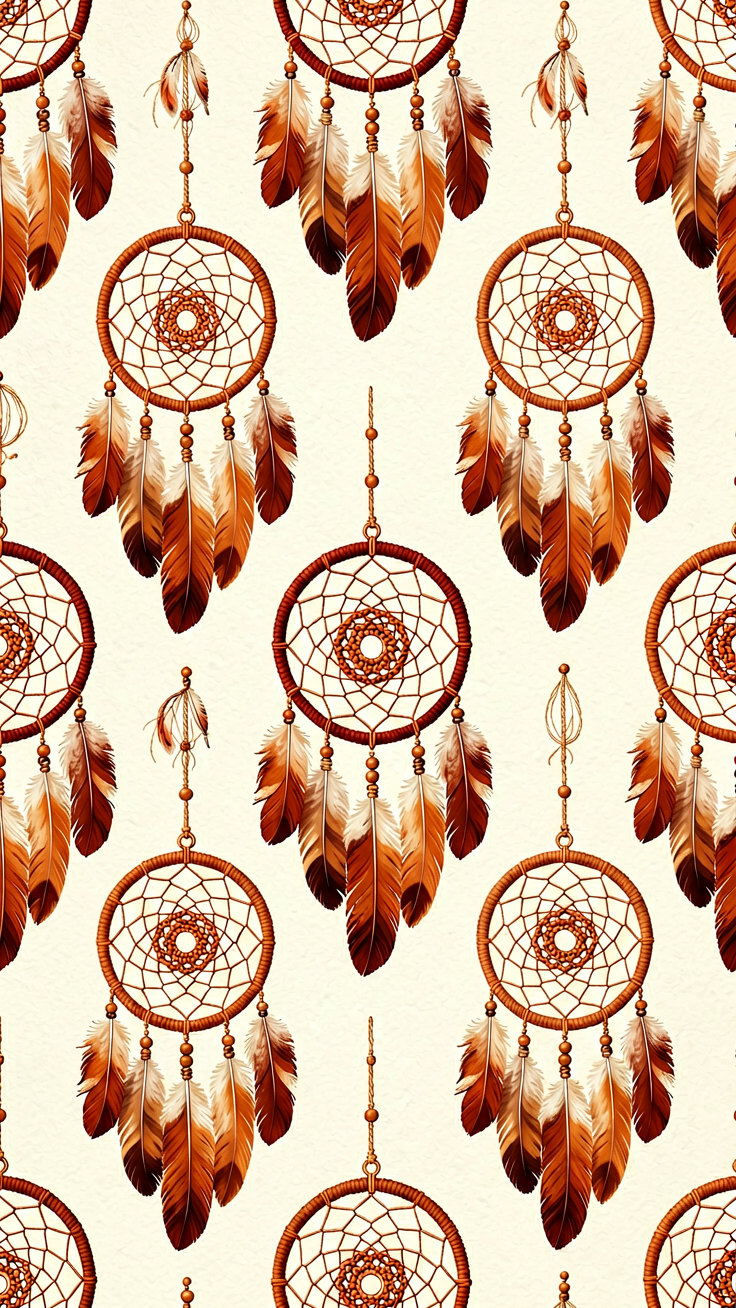 A repeating pattern features delicate dreamcatchers adorned with flowing feathers in warm, earthy tones. The design evokes a serene and free-spirited bohemian mood.