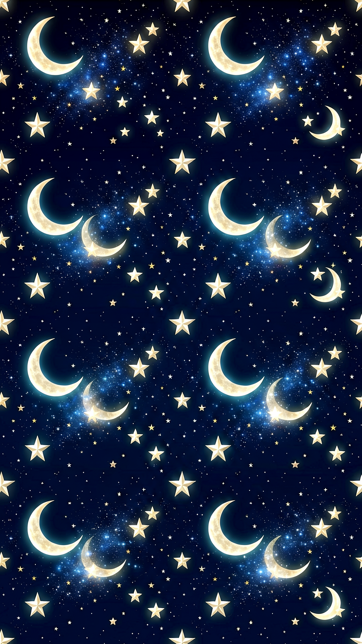 A dreamy pattern featuring twinkling stars and crescent moons scattered across a deep navy night sky, with a soft celestial glow. Perfect for creating enchanting, cosmic-themed designs.