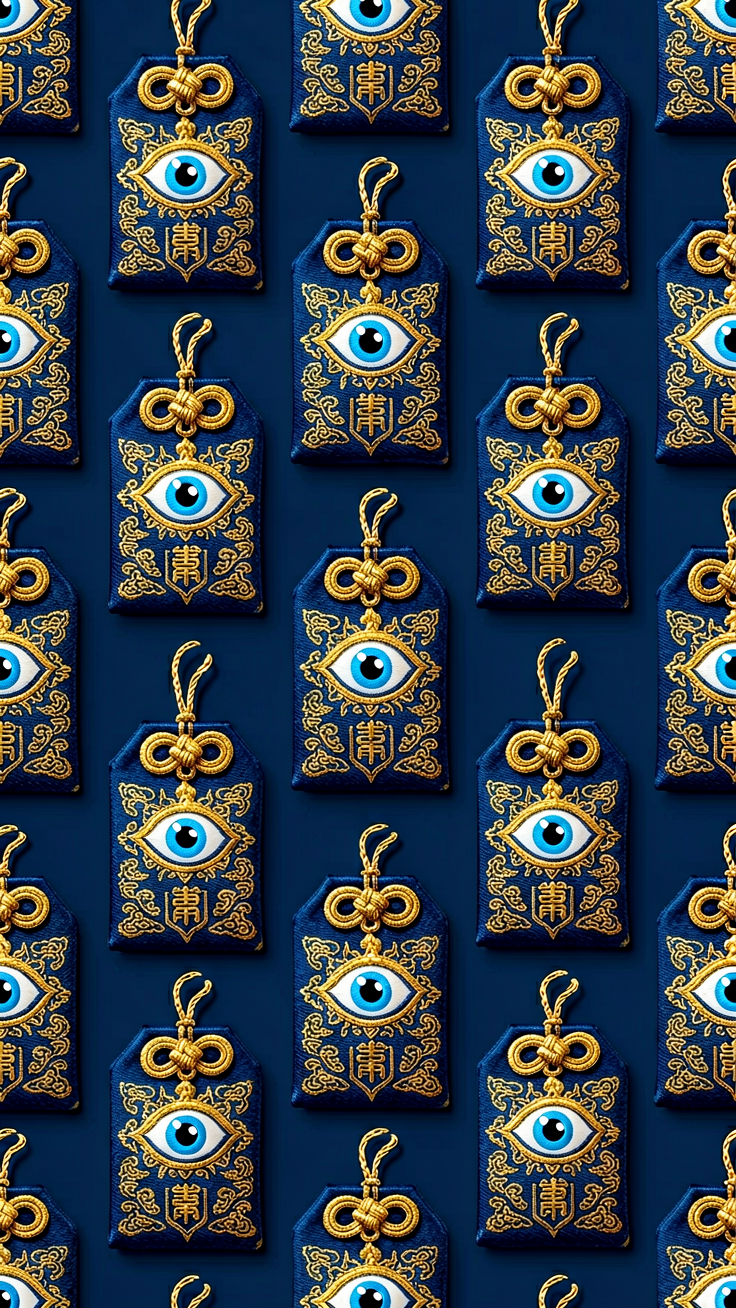 A mesmerizing pattern of intricate evil eye amulets rendered in rich deep blues and luminous gold, evoking a sense of ancient protection and mystical guardianship.