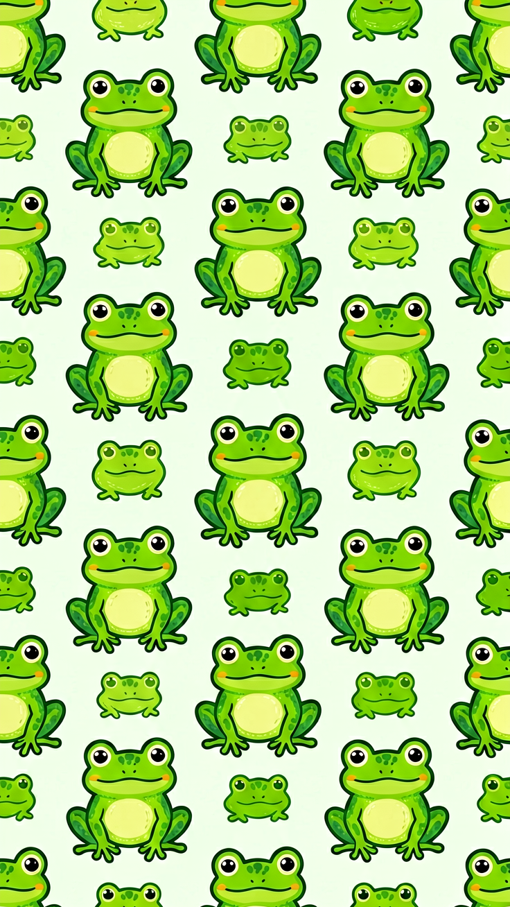 A playful pattern featuring cute frog motifs in whimsical doodle style with vibrant greens. Perfect for adding a cheerful, lighthearted touch to any design.
