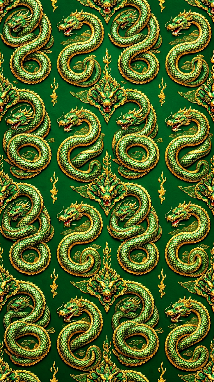 An elegant pattern featuring mystical serpent curves rendered in rich emerald green and shimmering gold. Bold and enchanting, this design evokes ancient magic and refined luxury.