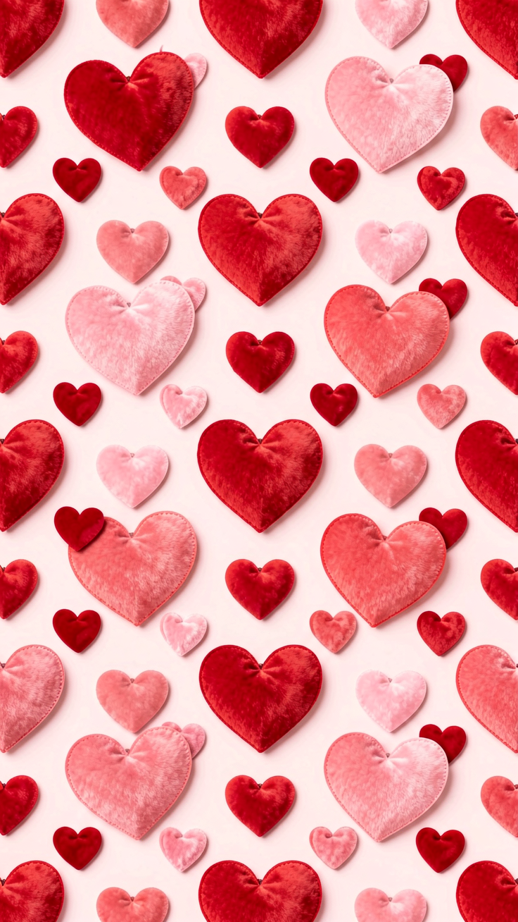 A romantic pattern featuring scattered hearts of all sizes in soft reds and pinks, evoking warmth and love.