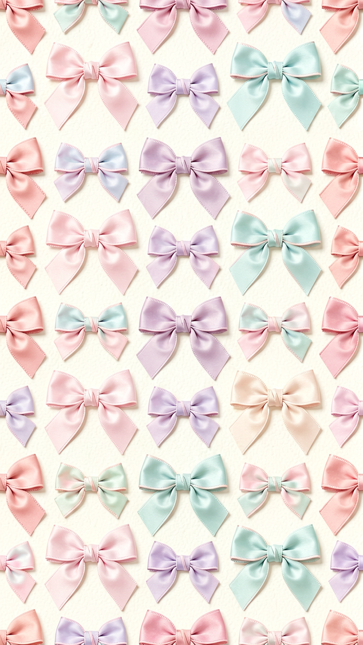 A sweet repeating pattern of delicate ribbon bows and bowknots in soft pastel hues. The design radiates a playful, girly charm with a dreamy aesthetic.