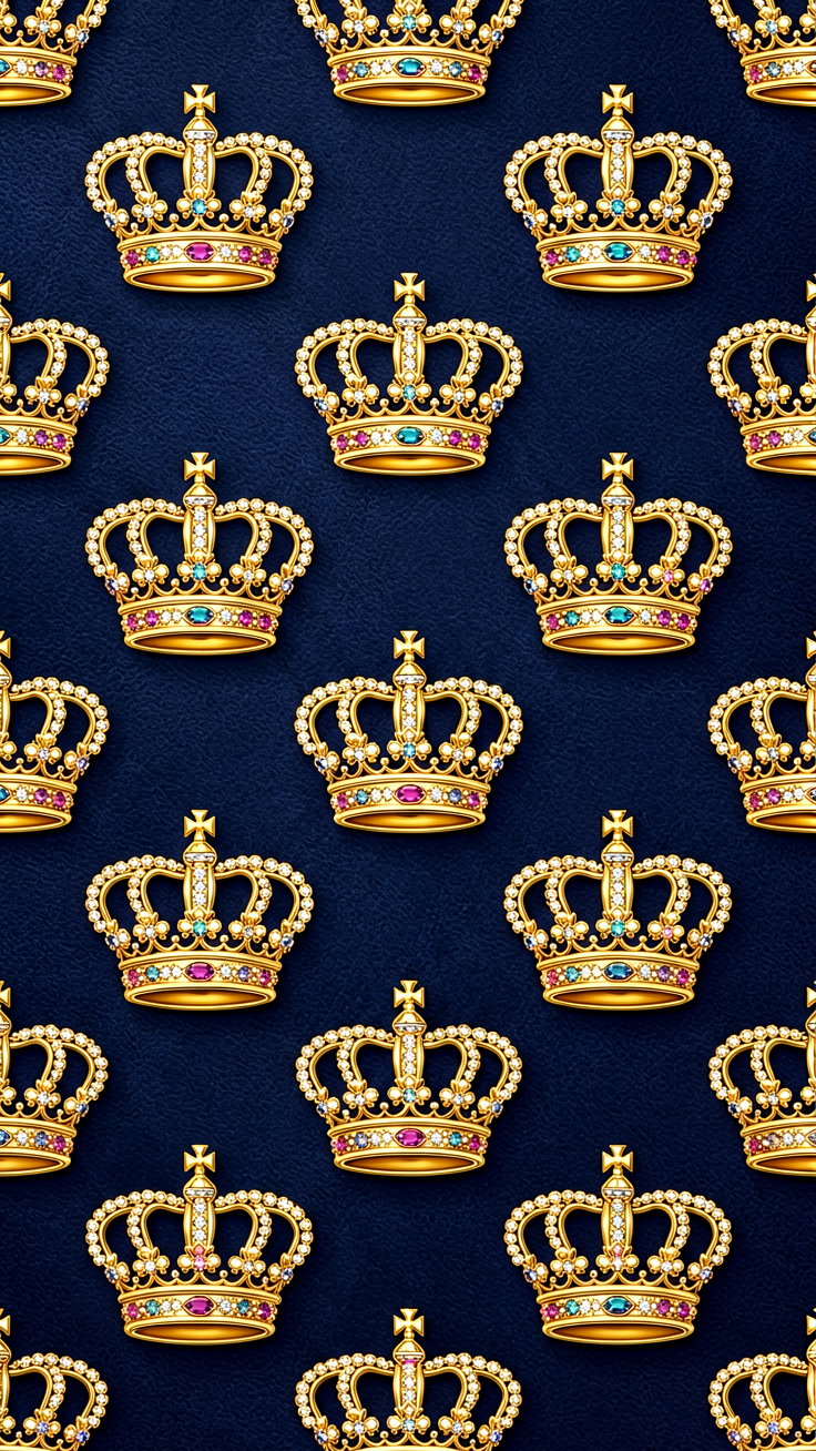 An opulent repeating pattern of intricate crown motifs rendered in shimmering gold and rich jewel tones, evoking regal elegance and timeless luxury.