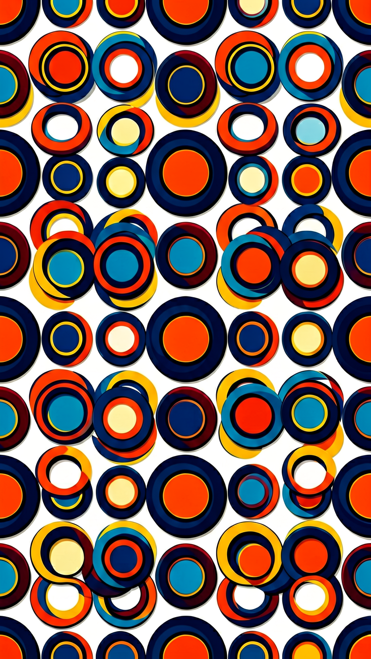 A striking modern pattern featuring bold black and white circles and rings with sharp contrast.