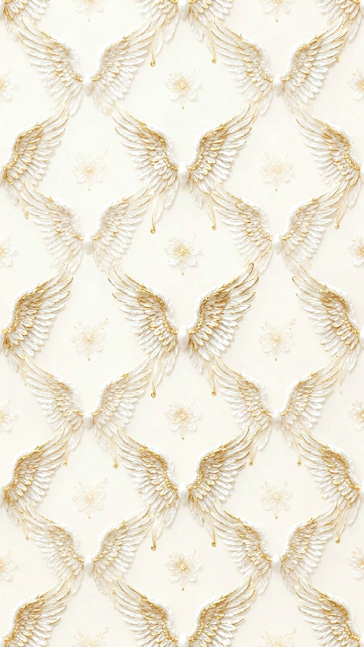 A delicate ethereal pattern featuring soft white and golden angel wings, evoking a sense of divine grace and heavenly beauty.