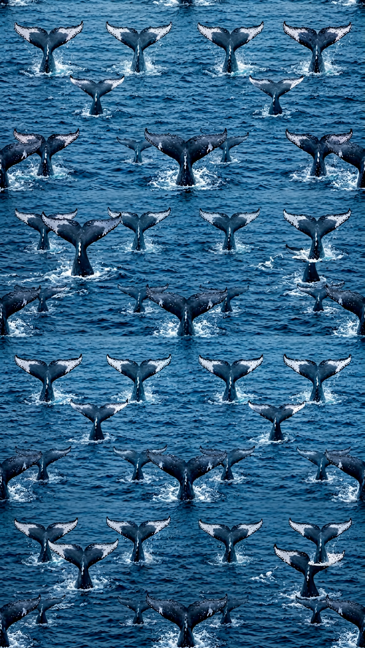 A serene repeating pattern of whale tails rising gracefully from deep ocean waves in rich, tranquil blues. Evokes calm and the quiet majesty of the open sea.