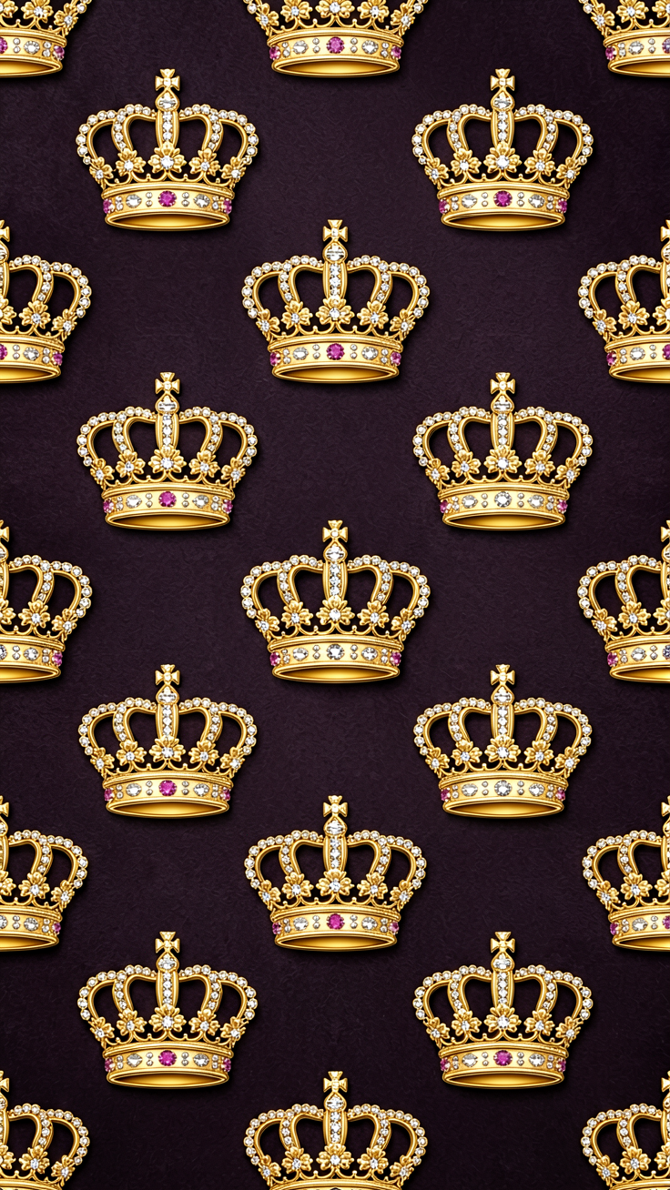 An opulent repeating pattern of ornate crowns rendered in rich gold and deep jewel tones, evoking regal elegance and timeless luxury. The intricate design blends baroque detailing with sophisticated color palettes of ruby, sapphire, and emerald.