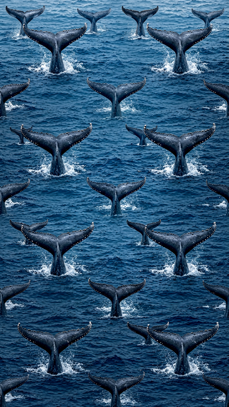 A serene pattern featuring whale tails rising gracefully from deep ocean waves, evoking the calm beauty of the open sea.