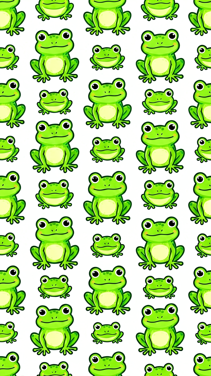 A cheerful pattern featuring cute frog motifs in playful greens, rendered in a whimsical doodle style. The design radiates lighthearted fun and nature-inspired charm.