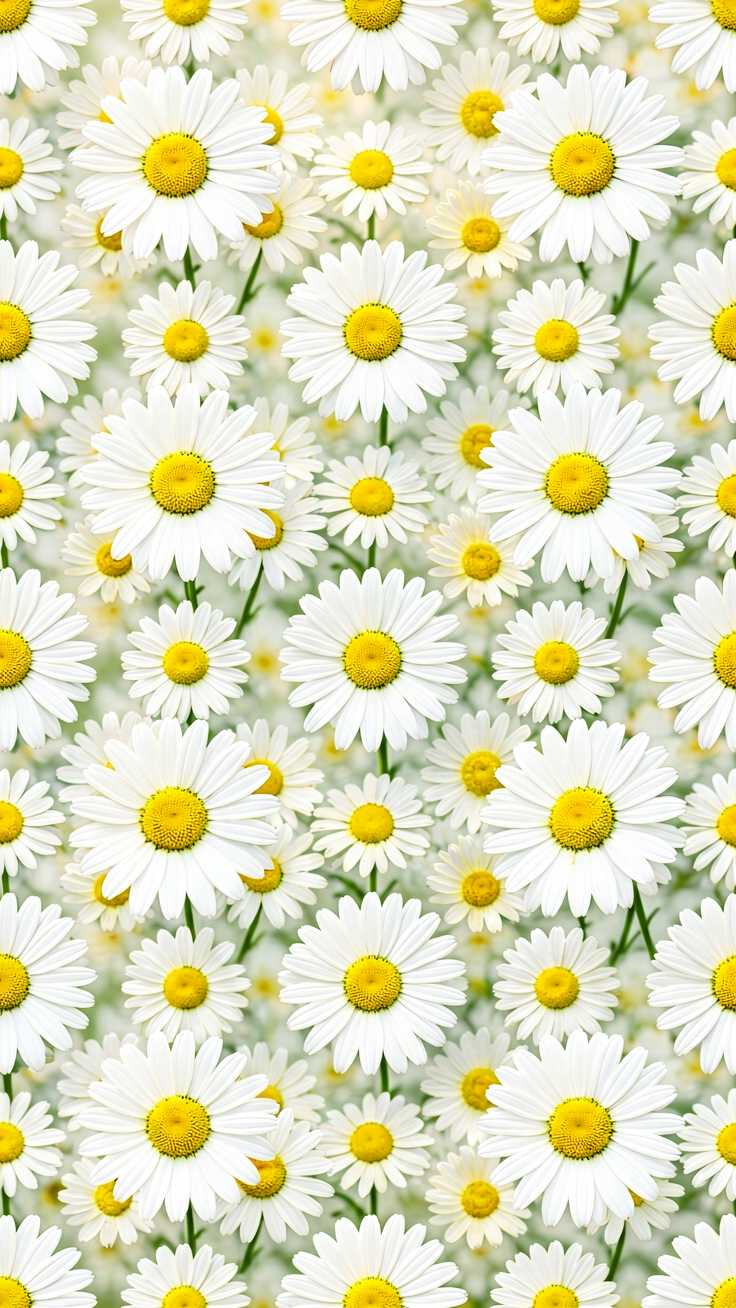 A bright and joyful repeating pattern of white daisies with sunny yellow centers scattered across the surface. Perfect for bringing a fresh, springtime feel to any design project.