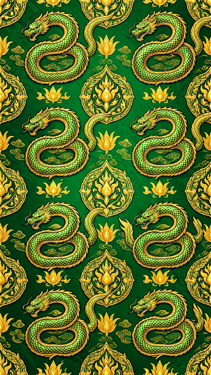An elegant and mystical repeating pattern featuring bold serpent curves woven in shimmering emerald and gold tones.