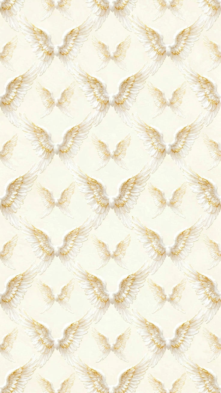 A luminous angel wing pattern rendered in soft white and gold tones. Its ethereal glow evokes tranquility and divine elegance.