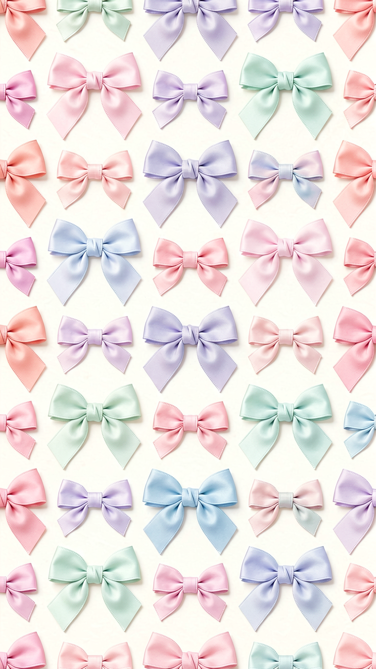 A delightful repeating pattern of ribbon bows and bowknots in soft pastel hues, exuding sweet girlish charm and playful elegance.
