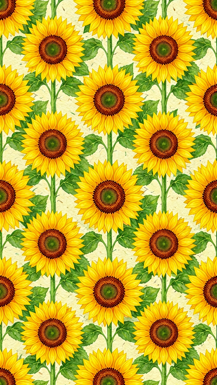 A warm and rustic sunflower motif pattern featuring golden yellows and leafy greens, evoking countryside charm and summer brightness.