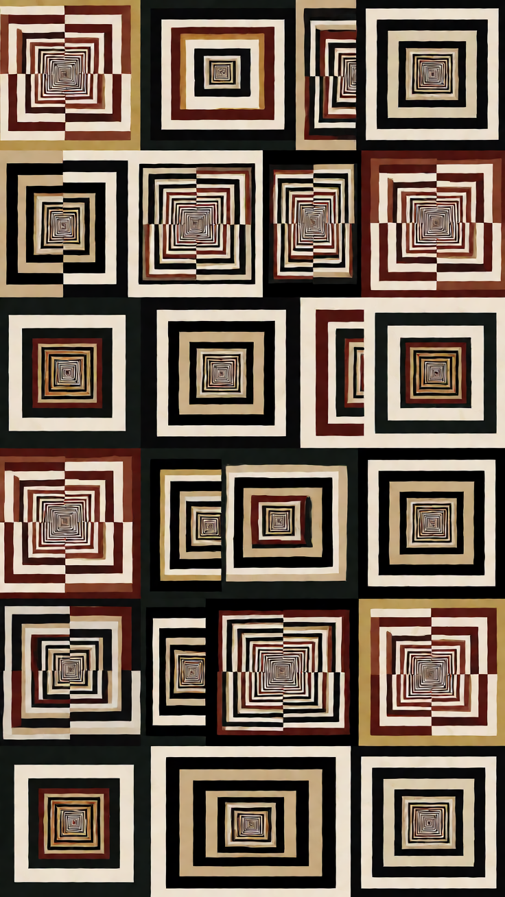Concentric squares recede into the distance, intersected by a minimalist checker pattern. The design evokes a serene, hypnotic rhythm of order and balance.