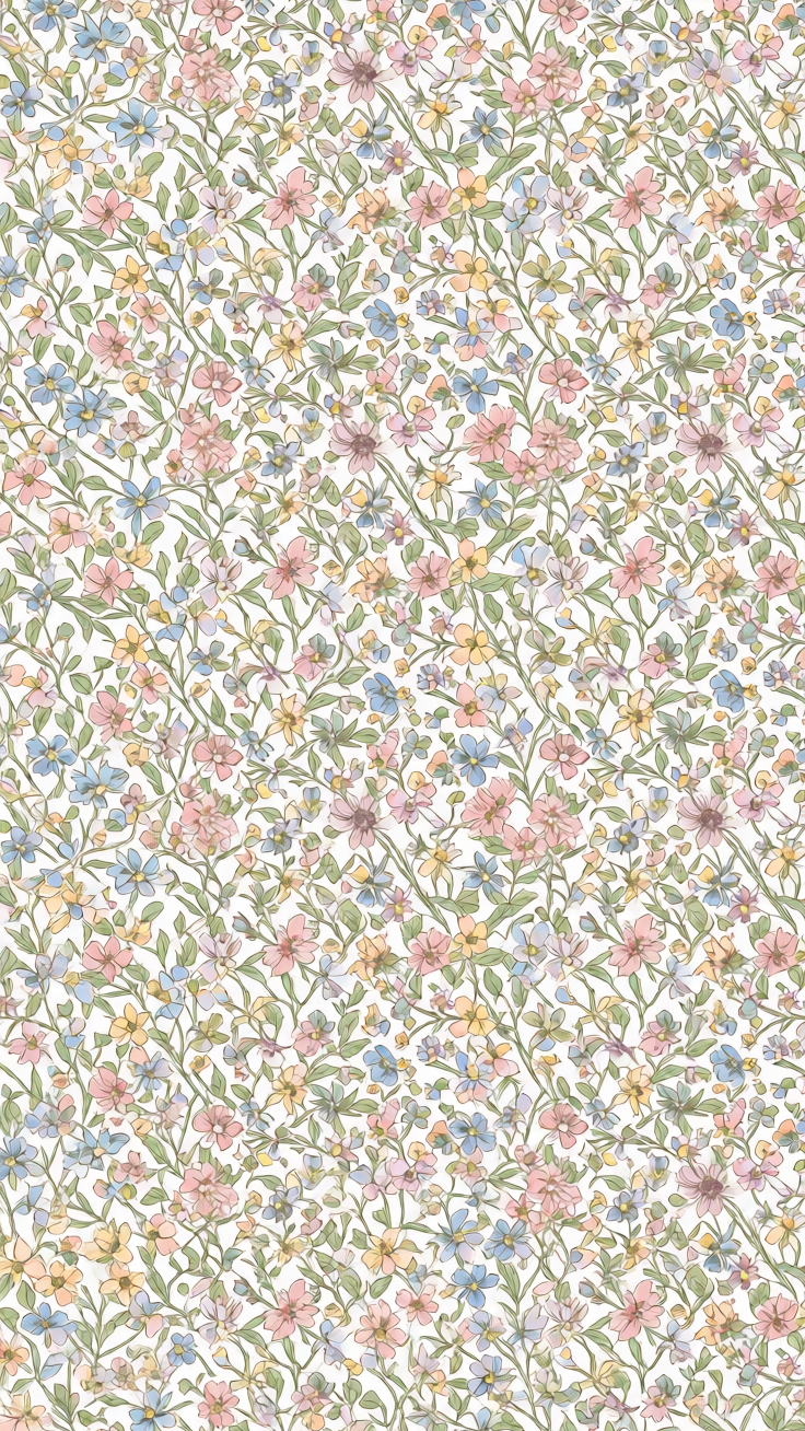 A seamless pattern of delicate tiny wildflowers in soft pastel hues, evoking an airy romantic mood perfect for textiles and stationery.