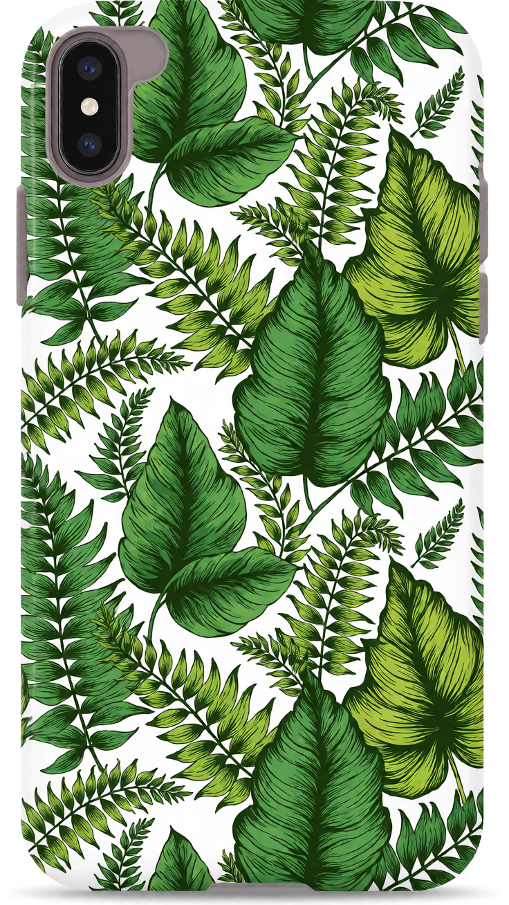 A fresh green leaf grid featuring stylized botanical line art of leaves and ferns, evoking a crisp, organic mood with delicate precision.