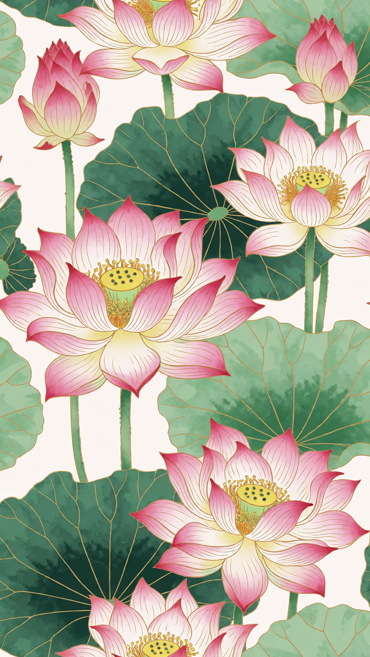 A delicate seamless pattern of soft pink lotus flowers nestled among gentle green leaves, evoking a sense of calm oriental elegance and natural beauty.