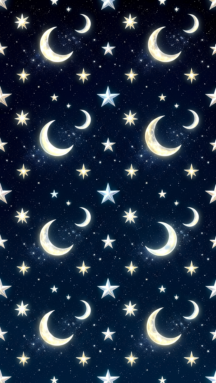 A mesmerizing pattern of twinkling stars and delicate crescent moons scattered across a deep night sky, radiating a soft celestial glow. Evokes a dreamy, enchanting mood perfect for bedtime or cosmic-themed designs.