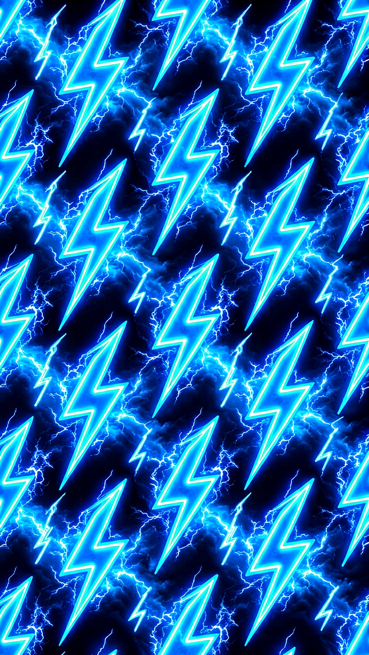 Bold electric blue and neon lightning bolts crackle across a dark storm canvas, radiating raw energy and electrifying intensity.