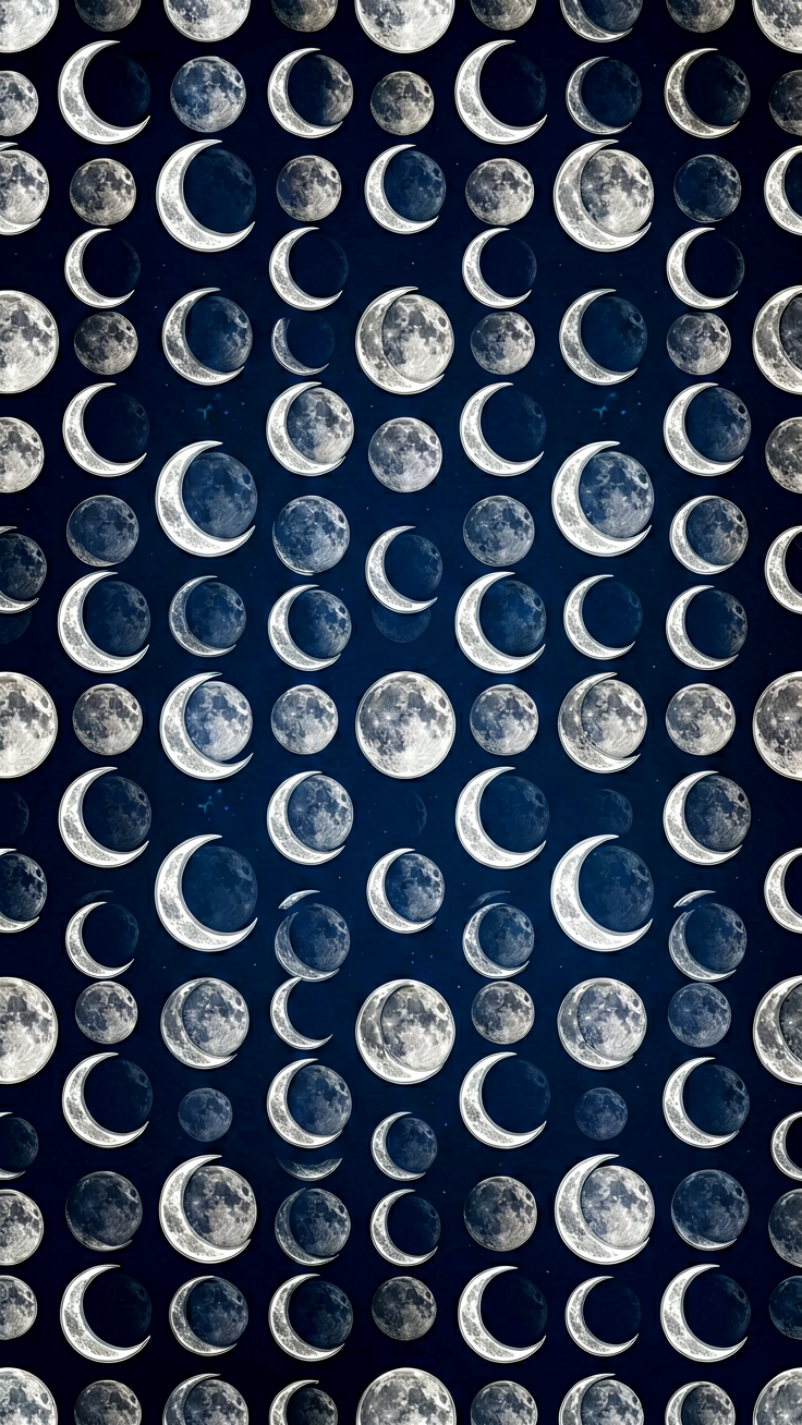 A mesmerizing repeating pattern of moon phases and crescent moons rendered in shimmering silver against deep midnight tones, evoking a quiet, celestial elegance.