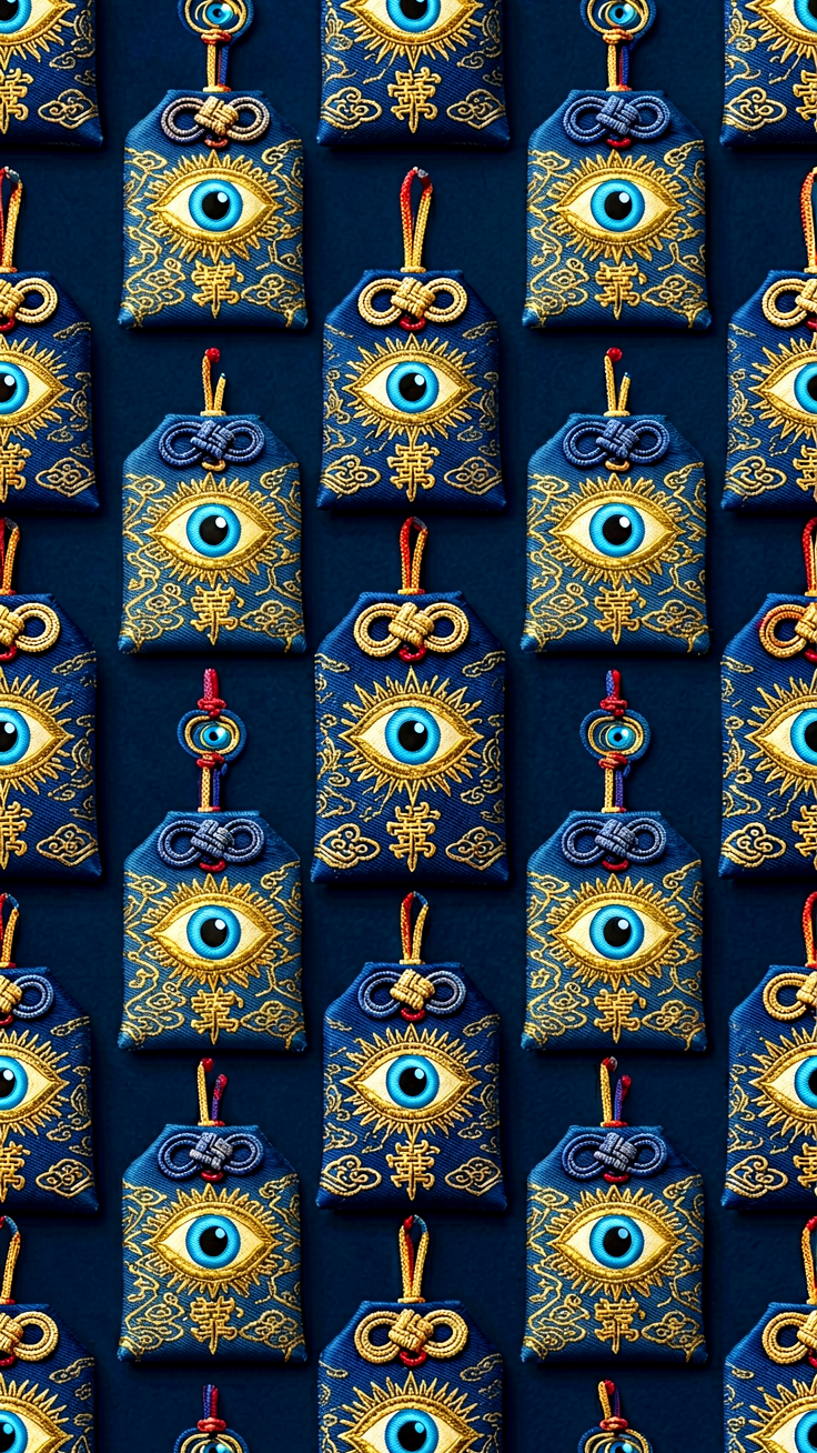 A mesmerizing repeating pattern of evil eye amulets rendered in deep blues and shimmering gold, evoking ancient protection and mystical elegance.