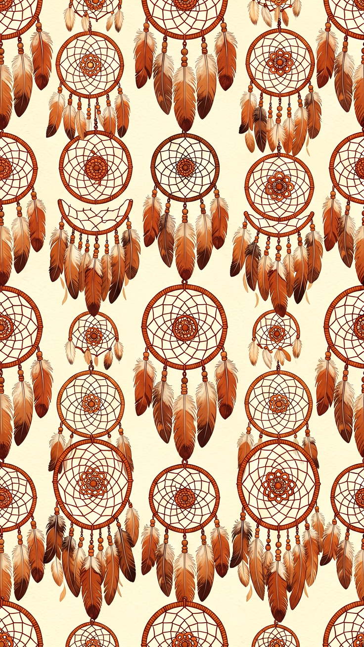 An enchanting repeating pattern featuring dreamcatchers adorned with delicate feathers in warm earthy tones. Evokes a peaceful, mystical bohemian mood perfect for textile and decor designs.