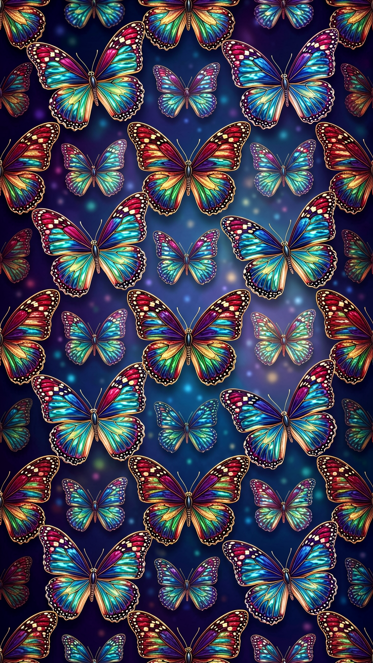 An ethereal pattern of intricately winged butterflies swirling in a dreamy kaleidoscope of amethyst, emerald, and sapphire jewel tones.