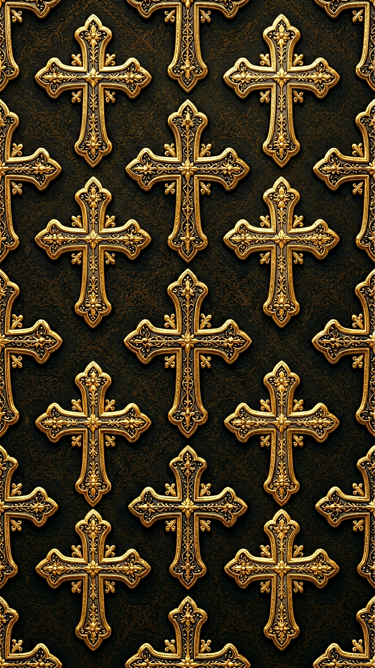 An ornate repeating pattern of dark gothic crosses adorned with intricate gold detailing, evoking a mood of solemn elegance and sacred grandeur.