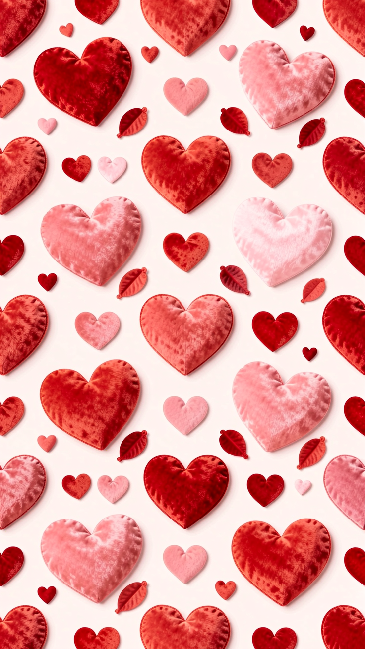 A dreamy pattern featuring scattered hearts in all sizes, rendered in soft reds and pinks with a romantic, tender mood perfect for Valentine's designs and love-themed projects.